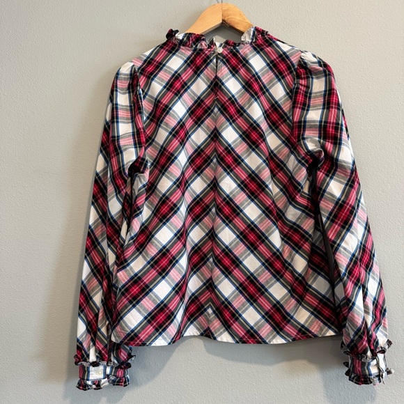 J.Crew Factory Cotton Poplin Ruffleneck Plaid Blouse Casual M - Picture 3 of 8